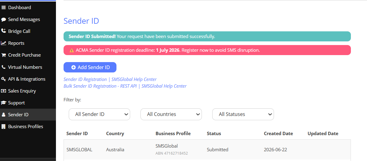 Creating Sender IDs via Business Profiles